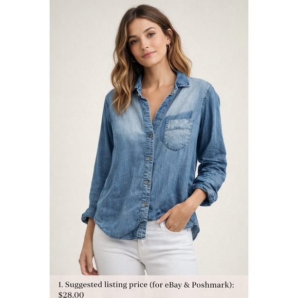 cloth & stone Tops - Cloth & Stone Button Down Shirt Women Small Blue Tencel Roll Tab Sleeve Chambray